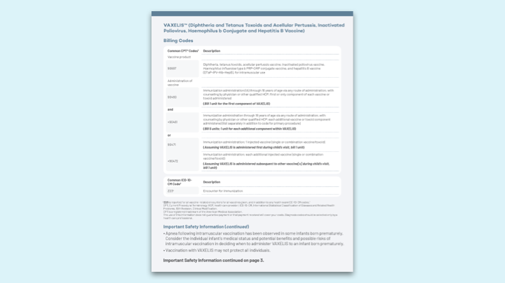 Coding and Billing for VAXELIS® (Diphtheria and Tetanus Toxoids and Acellular Pertussis, Inactivated Poliovirus, Haemophilus b Conjugate and Hepatitis B Vaccine)